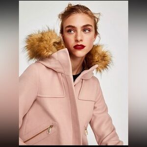 Zara basic Women's Rose Pink Fur-Trimmed Coat size S short coat
